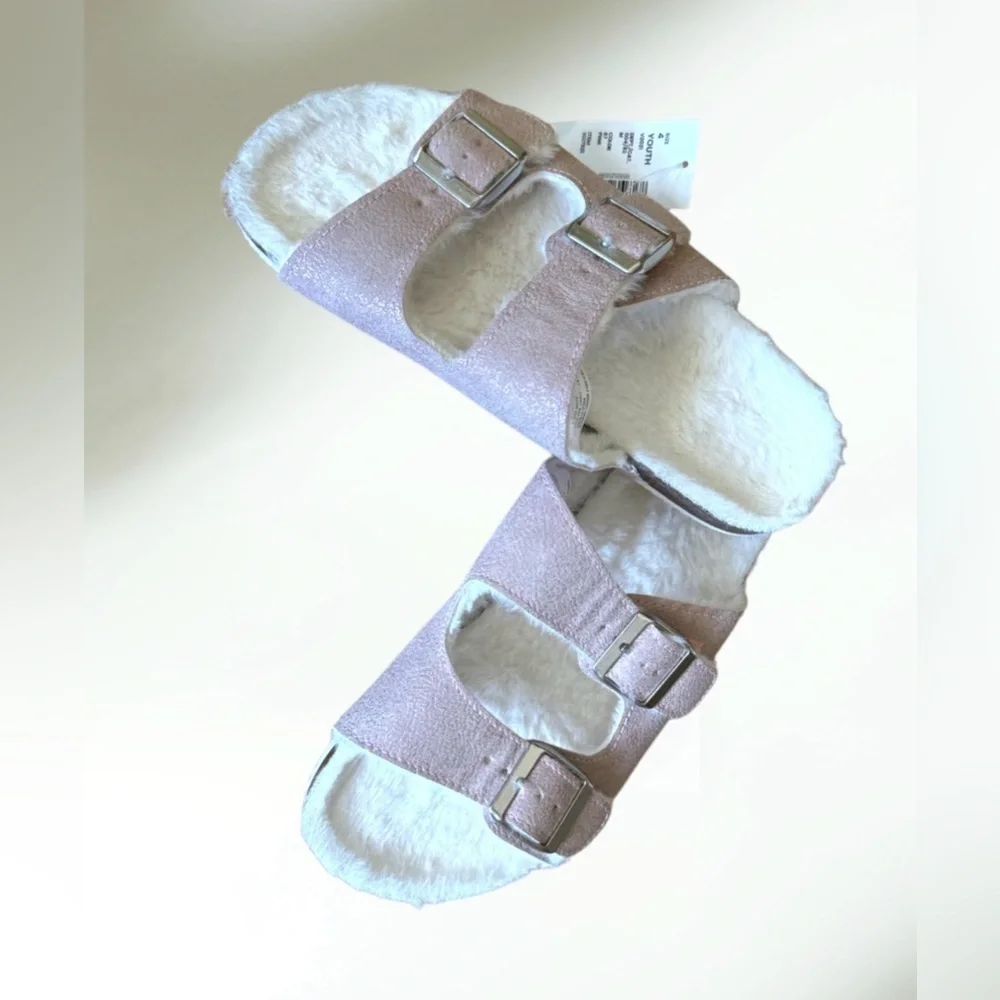 Sugar & Jade Tween Girls Faux Fur Double Buckle Slides - Pink Size 4 NWT